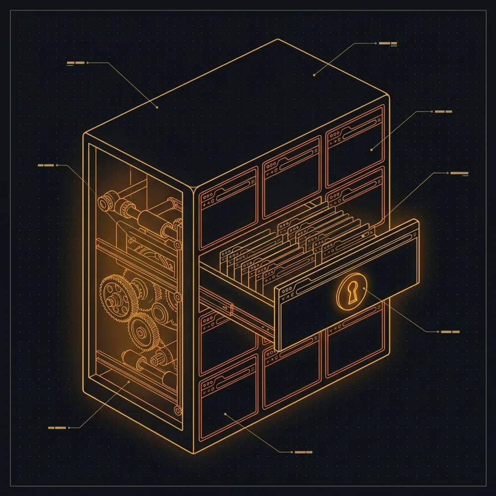 Isometric blueprint of a web directory: a stack of browser windows behind a glowing keyhole lock