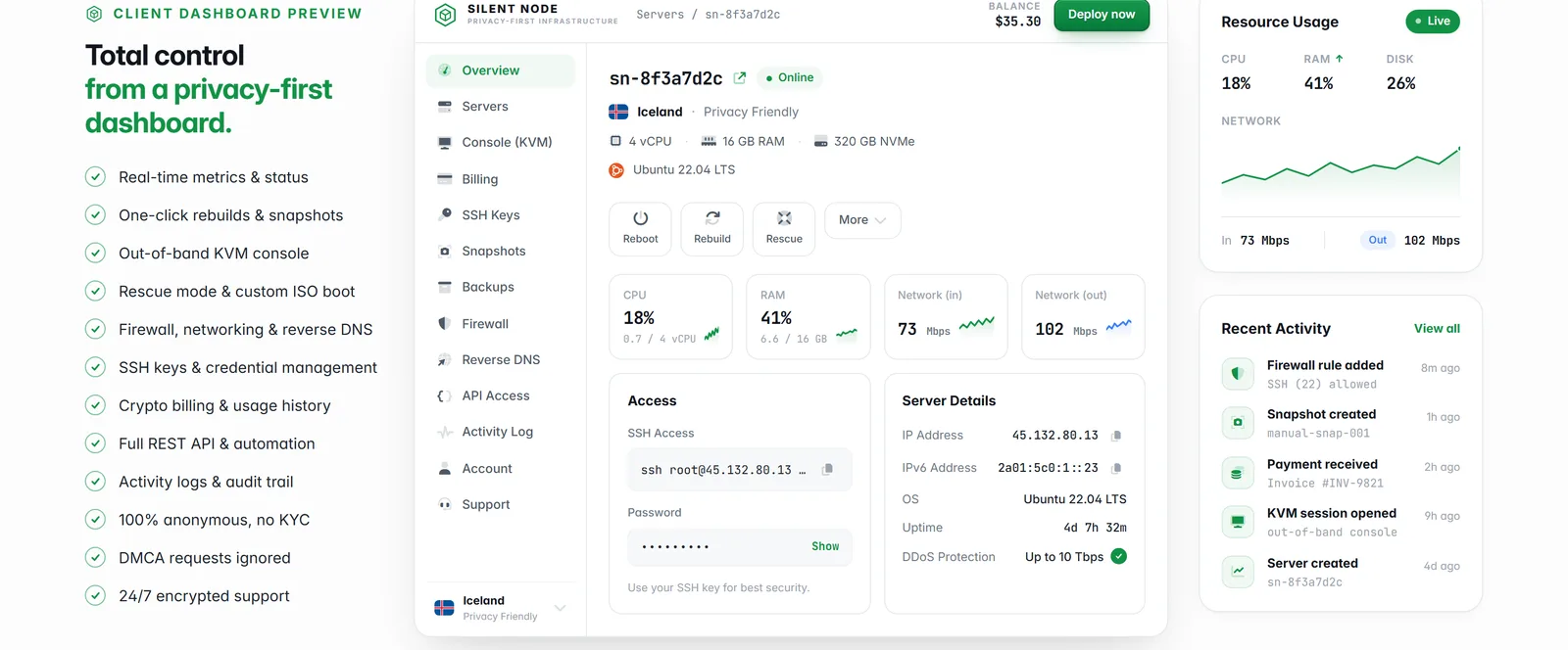 The Silent Node customer dashboard preview